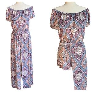 No Comment Geometric Maxi Romper With Ruffle Neckline